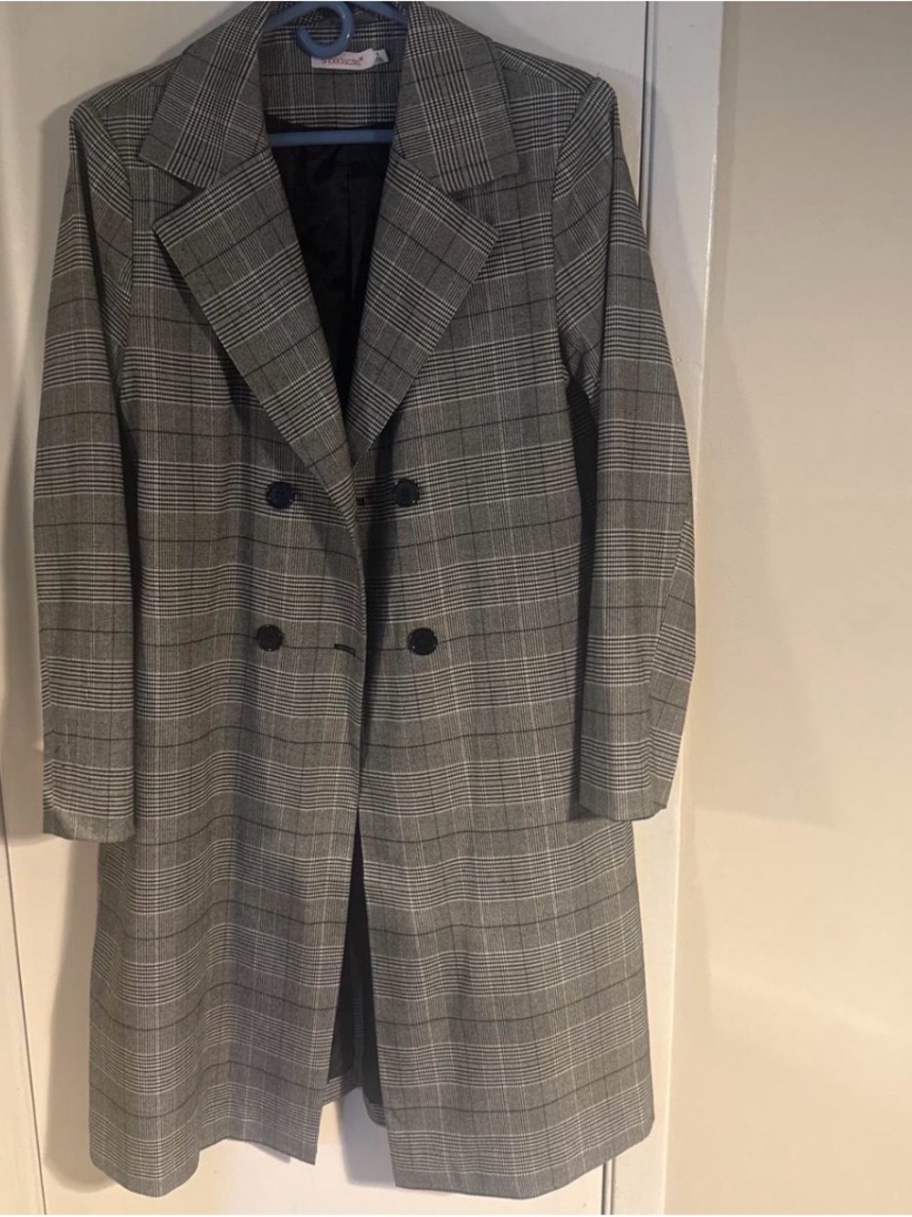 Gray Glen Plaid Double-Breasted Long Coat